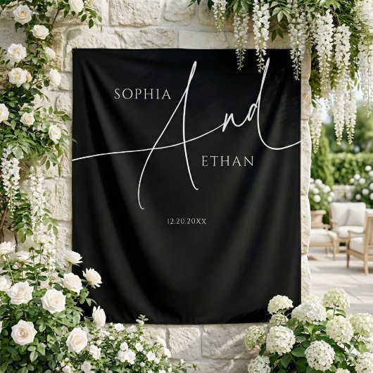 Minimalist Script Calligraphy Black Wedding Wandteppich