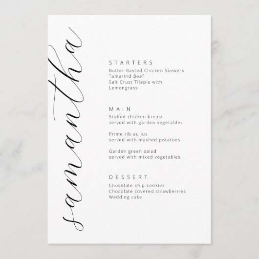 Minimalist Script Font Wedding Menu Card mit Name Menükarte (Vorderseite)