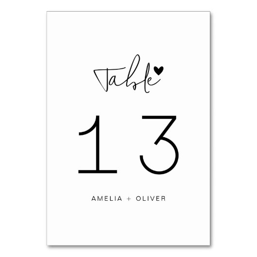 Minimalist Script Heart Modern Wedding Tischnummer (Rückseite)