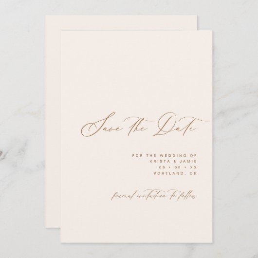 Minimalist Script Ivory & Tan Photo Wedding Save The Date (Vorne/Hinten)