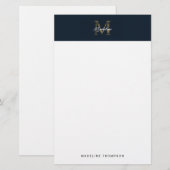 Minimalist Script Metallic Navy Blue Gold Monogram Briefpapier (Vorne/Hinten)