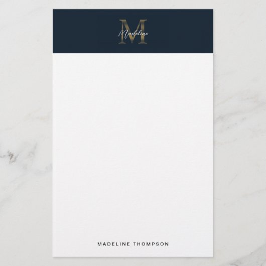 Minimalist Script Metallic Navy Blue Gold Monogram Briefpapier (Vorderseite)