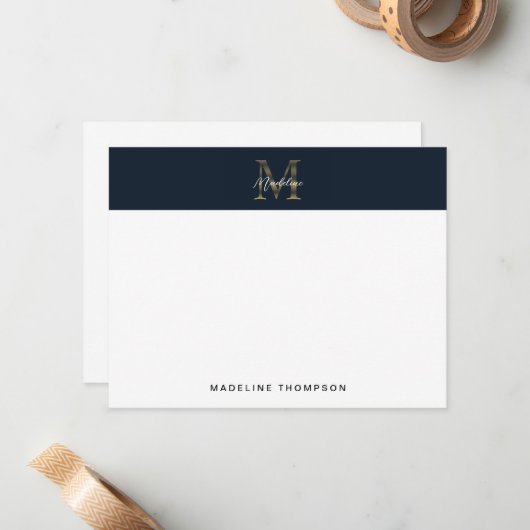 Minimalist Script Metallic Navy Blue Gold Monogram Mitteilungskarte (Vorderseite/Rückseite Beispiel)