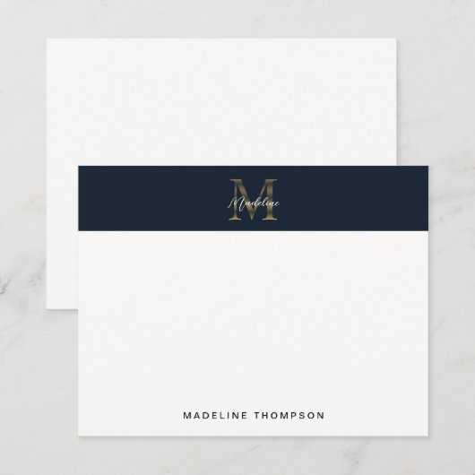 Minimalist Script Metallic Navy Blue Gold Monogram Mitteilungskarte (Vorne/Hinten)