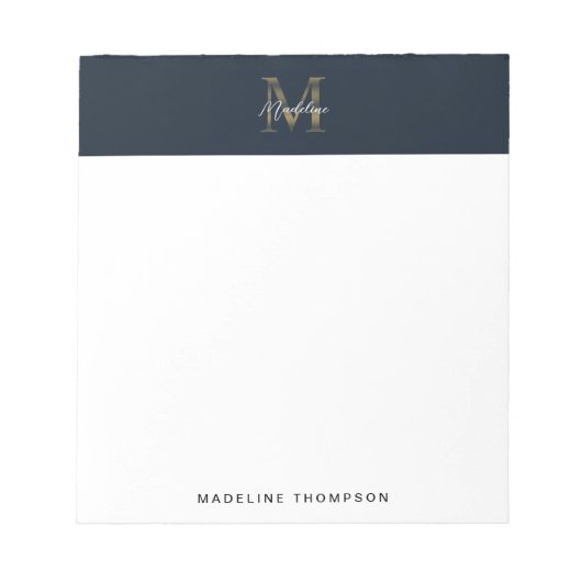Minimalist Script Metallic Navy Blue Gold Monogram Notizblock (Vorderseite)
