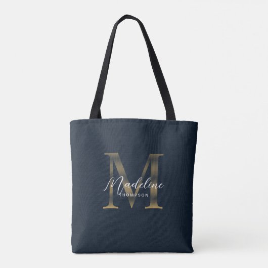 Minimalist Script Metallic Navy Blue Gold Monogram Tasche (Rückseite)