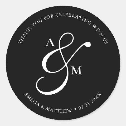 Minimalist Script Monogram Wedding Black Runder Aufkleber (Vorderseite)