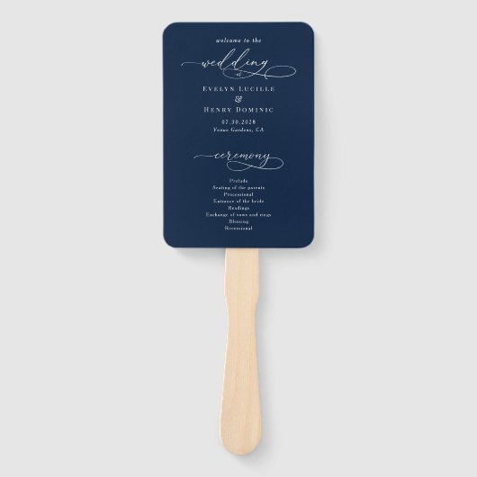 Minimalist Script Navy Blue Wedding Program Fächer (Vorderseite)