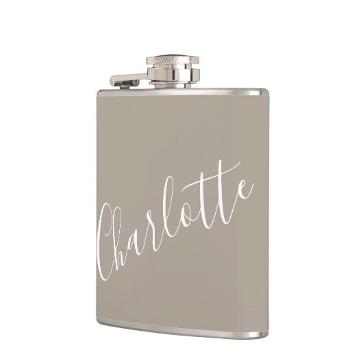 Minimalist Script Personalized Name Taupe Brown Flachmann (Links)