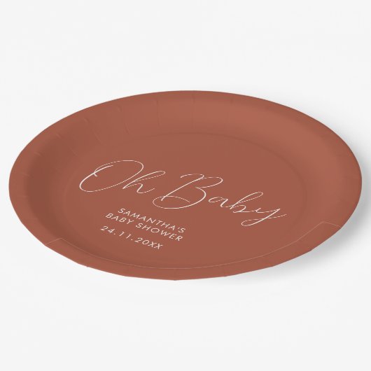 Minimalist Script terracotta Oh Baby Shower date Pappteller