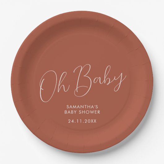 Minimalist Script terracotta Oh Baby Shower date Pappteller (Vorderseite)