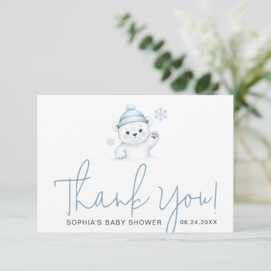 Minimalist Script Typography Winter Baby Shower Dankeskarte (Stehend Vorderseite)
