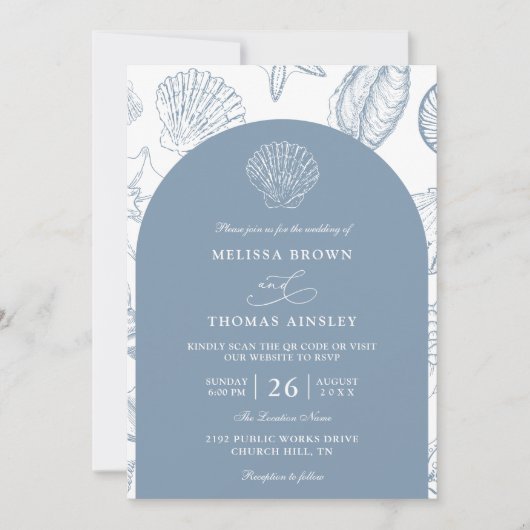 Minimalist Sea Shells Beach Budget QR Code Wedding Einladung (Vorderseite)