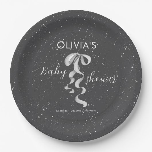 Minimalist Silver Bow Winter Snow Baby Shower  Pappteller (Vorderseite)