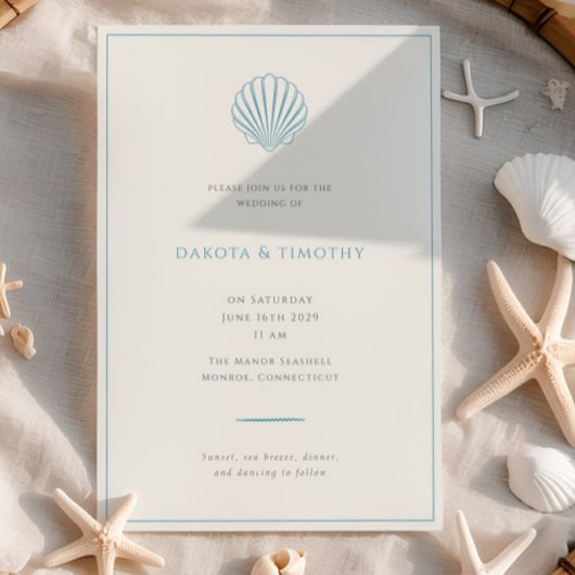 Minimalist Simple Blue Seashell Wedding invitation Einladung