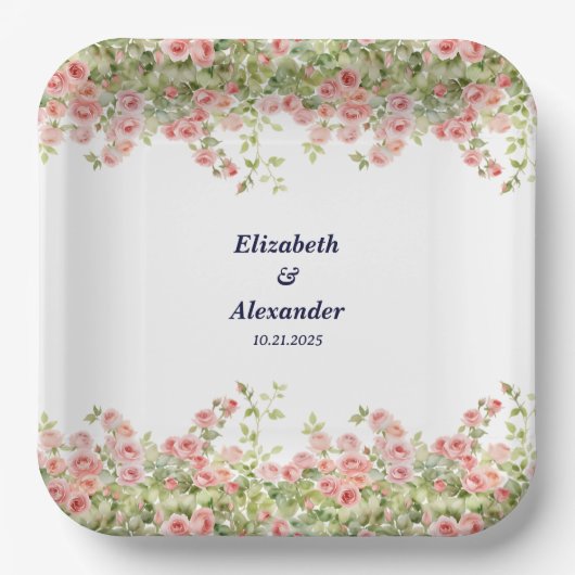 Minimalist Simple Pretty rose vine floral wedding Pappteller (Vorderseite)