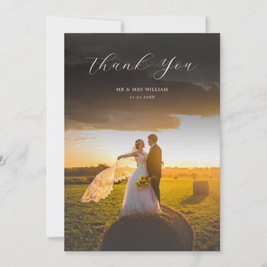 Minimalist Simple Script with Wedding Photo Dankeskarte (Vorderseite)