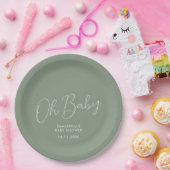 Minimalist Skript Salbeigrün Oh Baby Shower Datum Pappteller (Party)