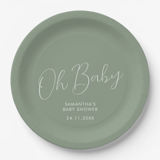 Minimalist Skript Salbeigrün Oh Baby Shower Datum Pappteller (Vorderseite)
