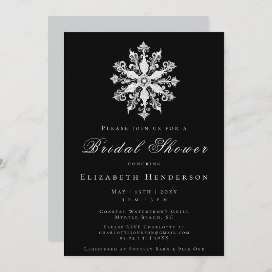 Minimalist Snowflake Bridal Shower | Black Einladung (Vorne/Hinten)