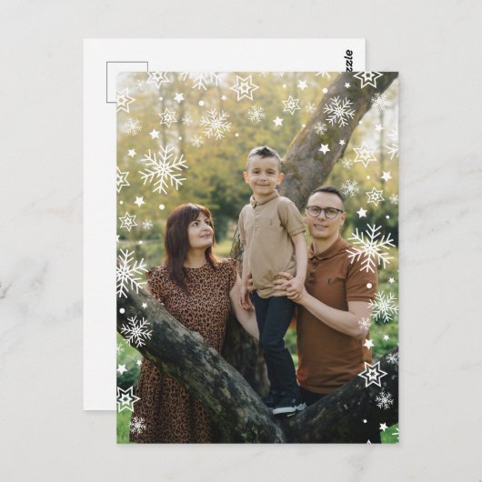 Minimalist Snowflake Frame Photo Overlay Holiday Postkarte (Vorne/Hinten)