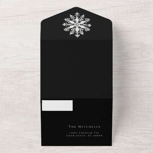 Minimalist Snowflake Wedding | Black All In One Einladung (Außenbereich)