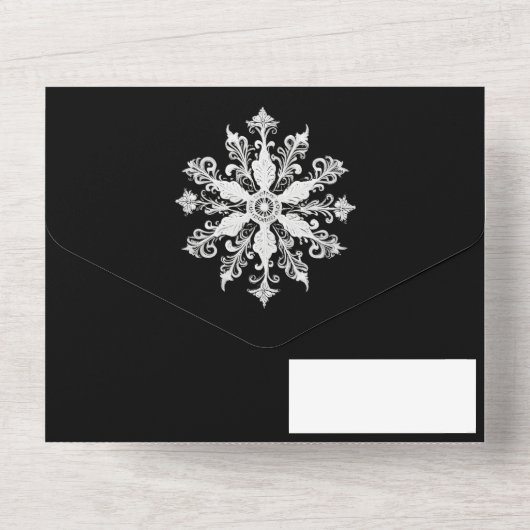 Minimalist Snowflake Wedding | Black All In One Einladung (Rückseite)