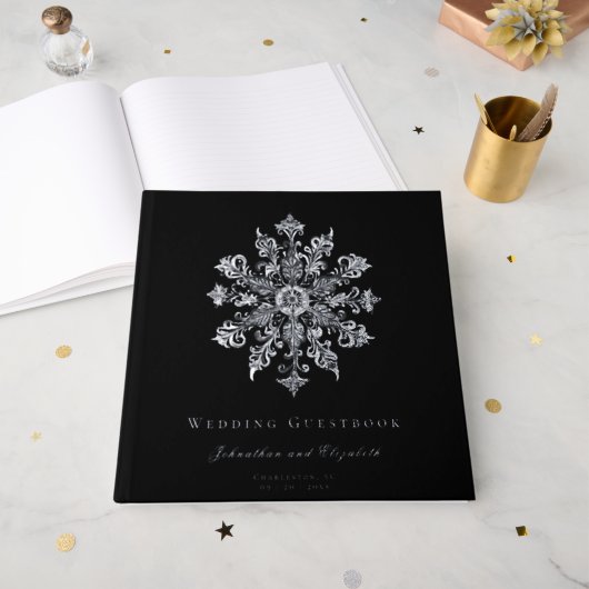 Minimalist Snowflake Wedding | Black Gästebuch (Vorderseite Offen)