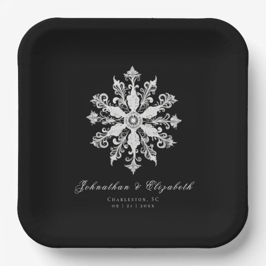 Minimalist Snowflake Wedding | Black Pappteller (Vorderseite)