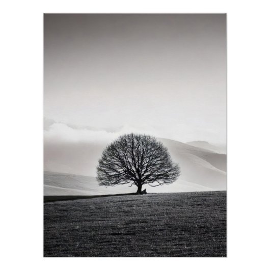 Minimalist Solitary Tree Landscape | Black & White Poster (Vorderseite)