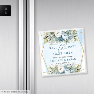 Minimalist Staubblau Floral Gold Save the Date Magnet