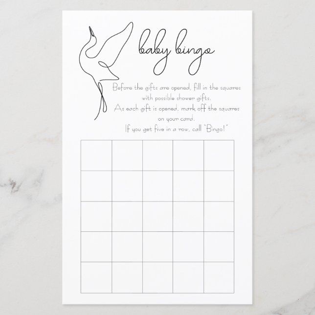 Minimalist Stork Neutral Baby Shower Bingo Game (Vorderseite)