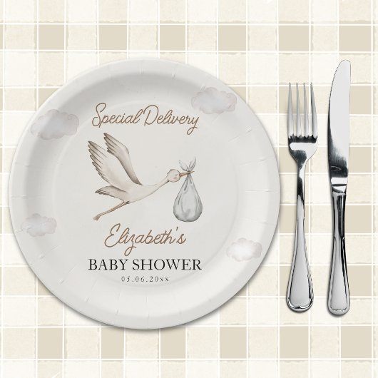Minimalist Stork-Themed Baby Shower Neutral Pappteller