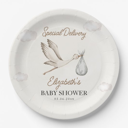 Minimalist Stork-Themed Baby Shower Neutral Pappteller (Vorderseite)
