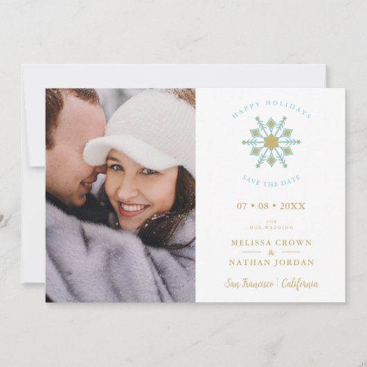Minimalist Stylish Gold & Blue Snowflake Photo Save The Date (Vorderseite)
