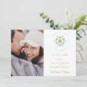Minimalist Stylish Gold & Blue Snowflake Photo Save The Date (Stehend Vorderseite)