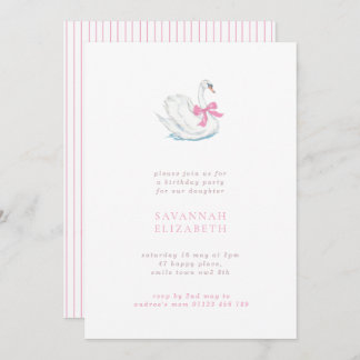 Minimalist Swan and Pink Bow Girls Birthday Party Einladung