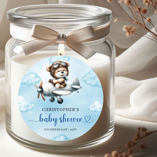 Minimalist Teddy Bear Pilot Airplane Blue Brown Runder Aufkleber