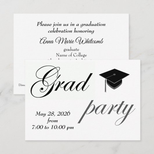 Minimalist Text College Graduation Party  Einladung (Vorne/Hinten)