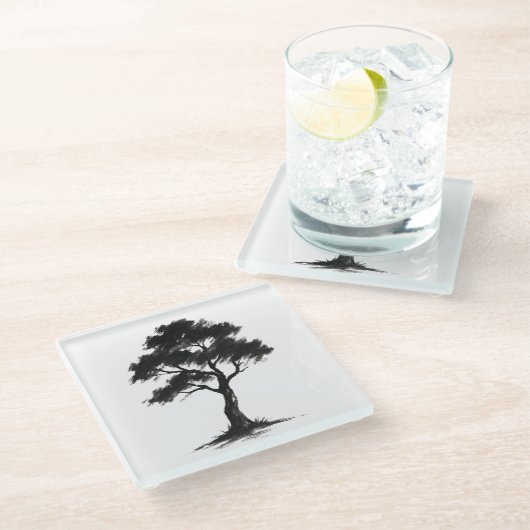Minimalist Tree – Ink Brush Nature Illustration on Glasuntersetzer (Schrägansicht)