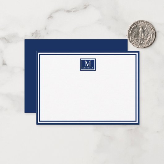 Minimalist Two Boarder Monogram Name Navy Blue Mitteilungskarte (Vorderseite/Rückseite Beispiel)