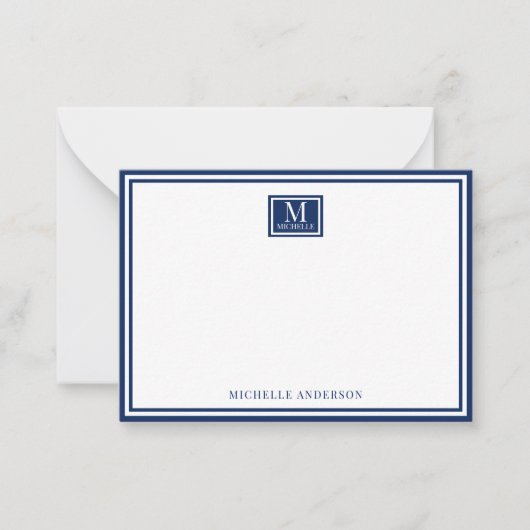Minimalist Two Boarder Monogram Name Navy Blue Mitteilungskarte (Vorderseite)