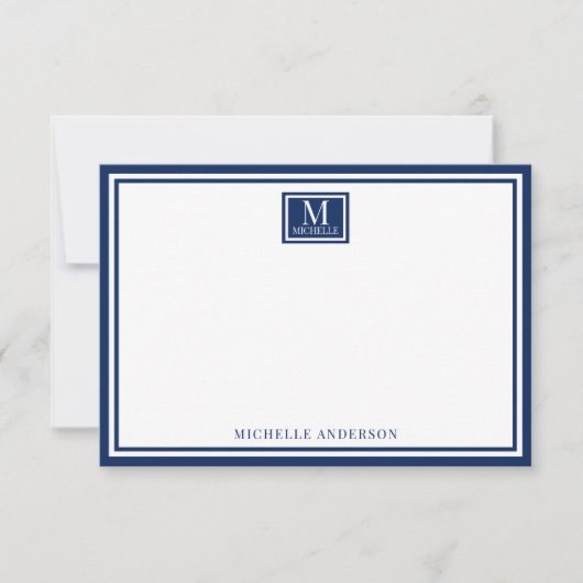 Minimalist Two Boarder Monogram Name Navy Blue Mitteilungskarte (Vorderseite)