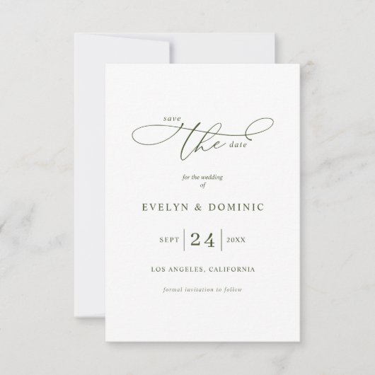 Minimalist Typography Olive Green Wedding  Save The Date (Vorderseite)