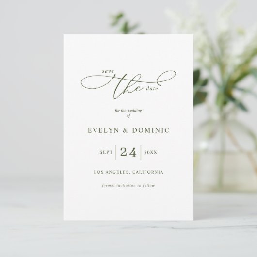 Minimalist Typography Olive Green Wedding Save The Date (Stehend Vorderseite)