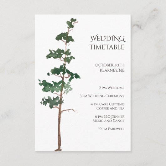 Minimalist Watercolor Spruce Wedding Timetable Begleitkarte (Vorderseite)