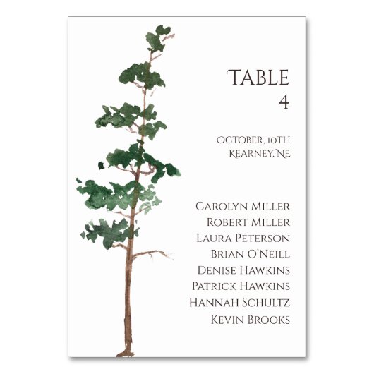 Minimalist Watercolor Spruce Wedding Tischnummer (Vorderseite)
