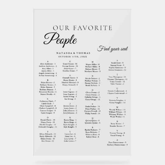  Minimalist  Wedding Alphabetical Seating Chart Acrylschild (Vorderseite)