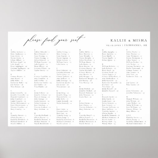 Minimalist Wedding Alphabetical Seating Chart Poster (Vorne)
