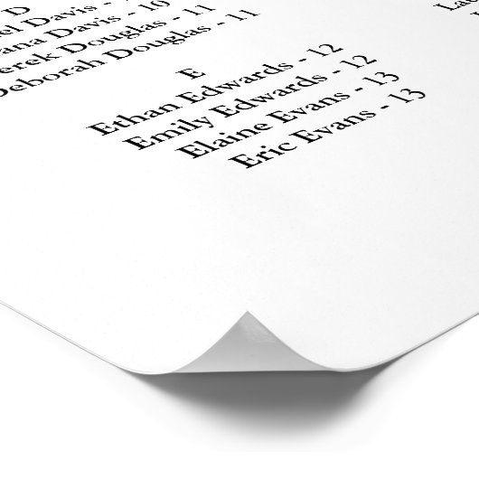 Minimalist Wedding Alphabetical Seating Chart Poster (Ecke)